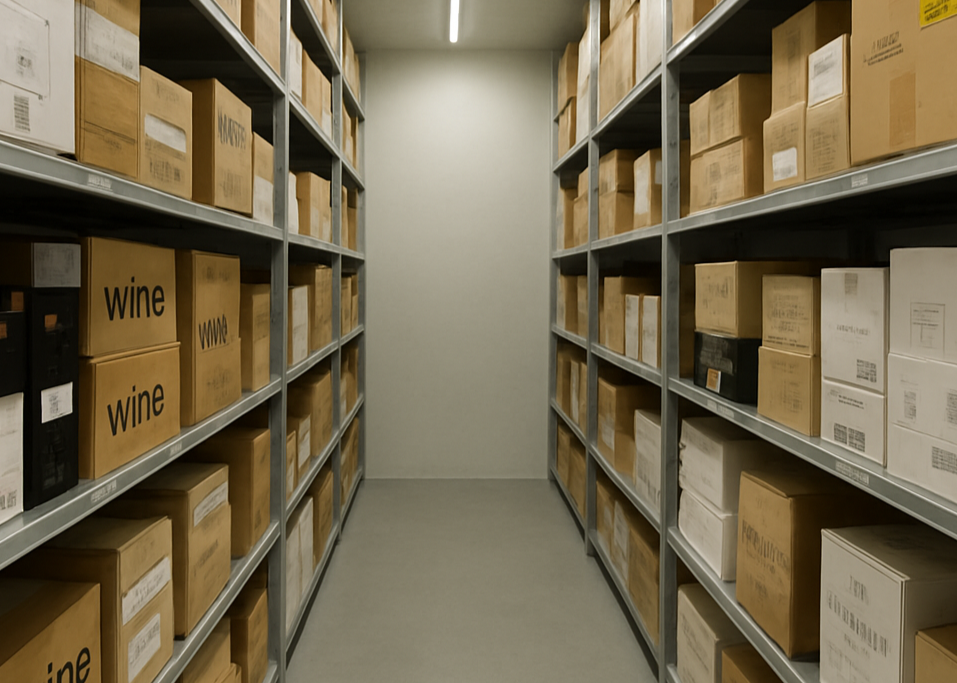 Storage room with shelves filled with boxes labeled 'wine'