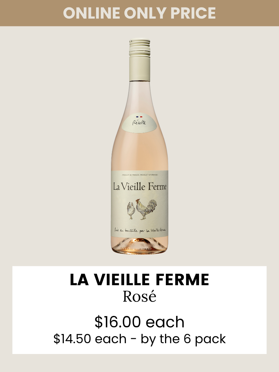 Bottle of La Vieille Ferme Rosé wine with pricing information on a beige background